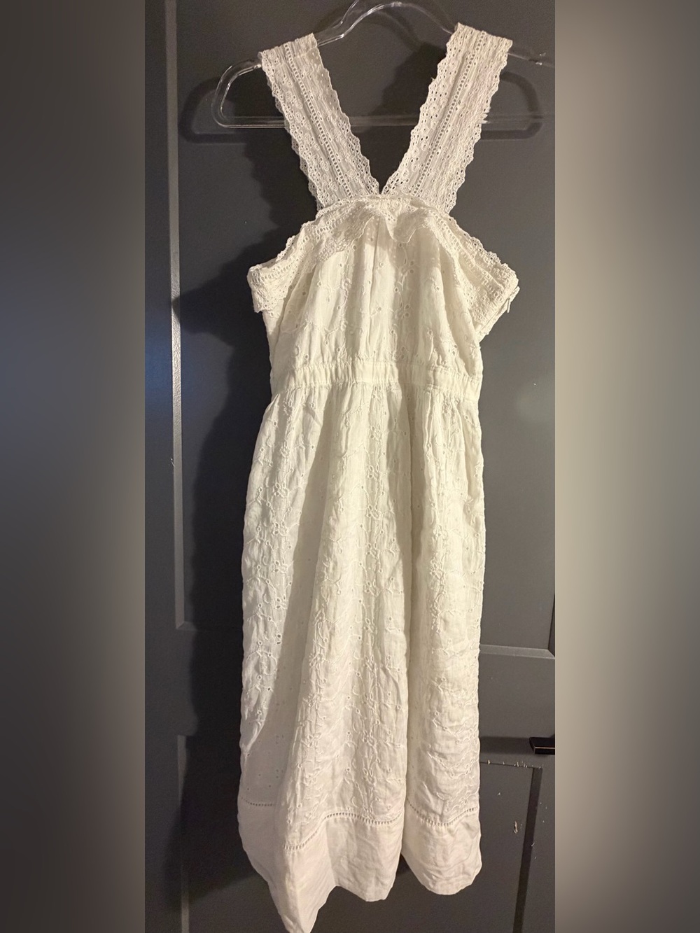 Abercrombie & Fitch White Cotton Eyelet Midi Dress Lace V-Neckline Size 2
